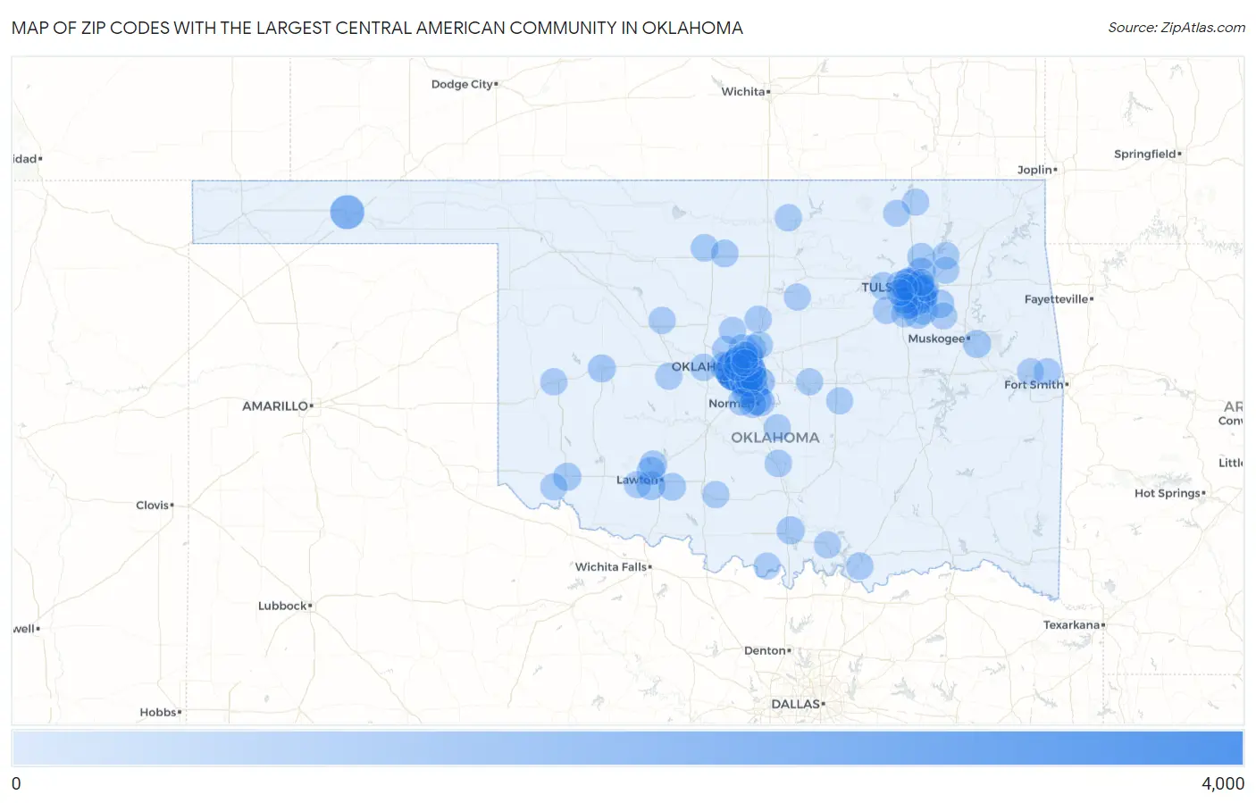 Zip Codes with the Largest Central American Community in Oklahoma Map