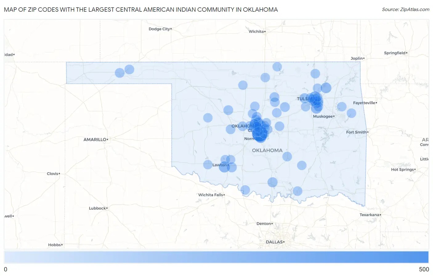 Zip Codes with the Largest Central American Indian Community in Oklahoma Map