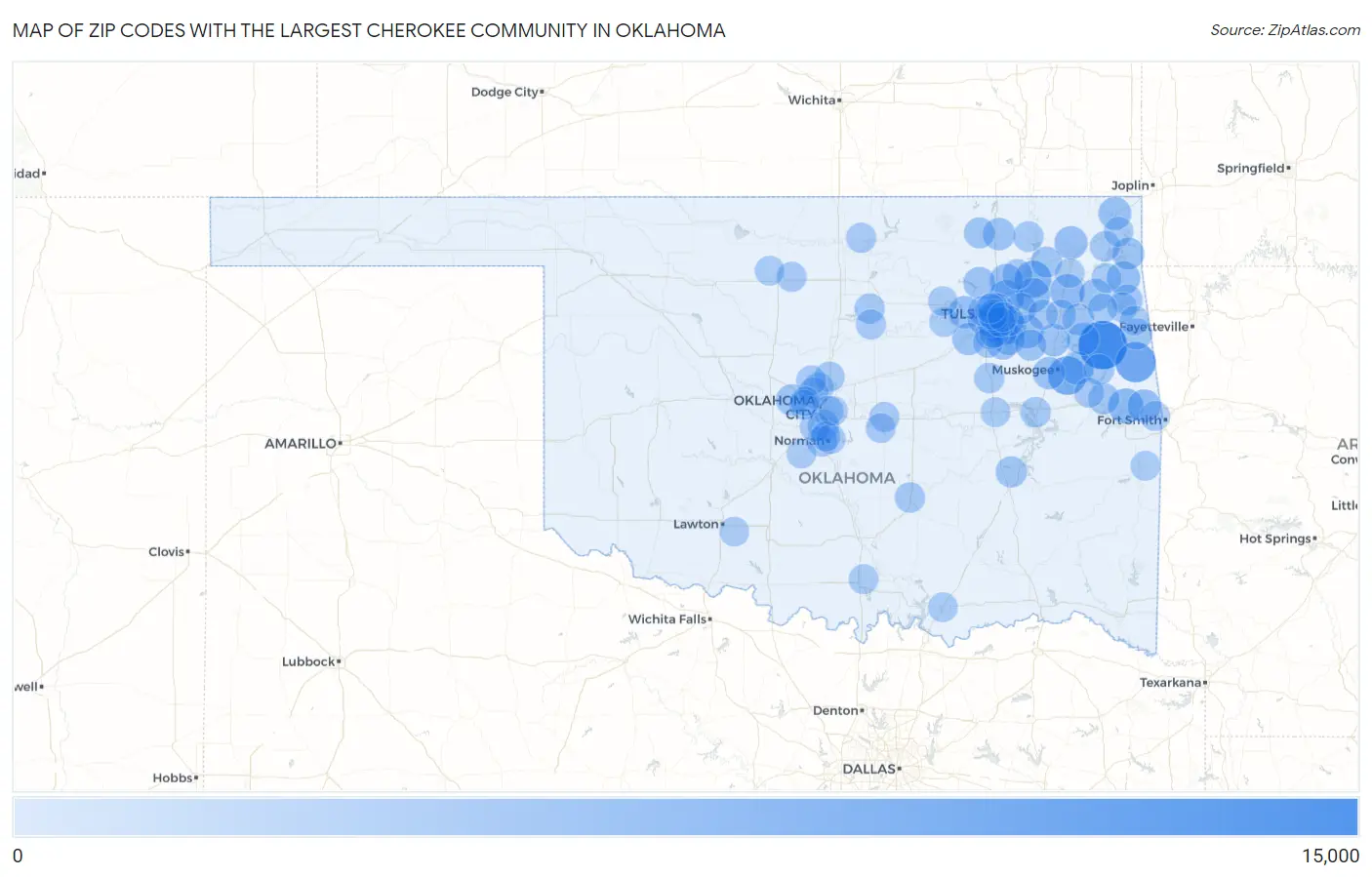 Zip Codes with the Largest Cherokee Community in Oklahoma Map