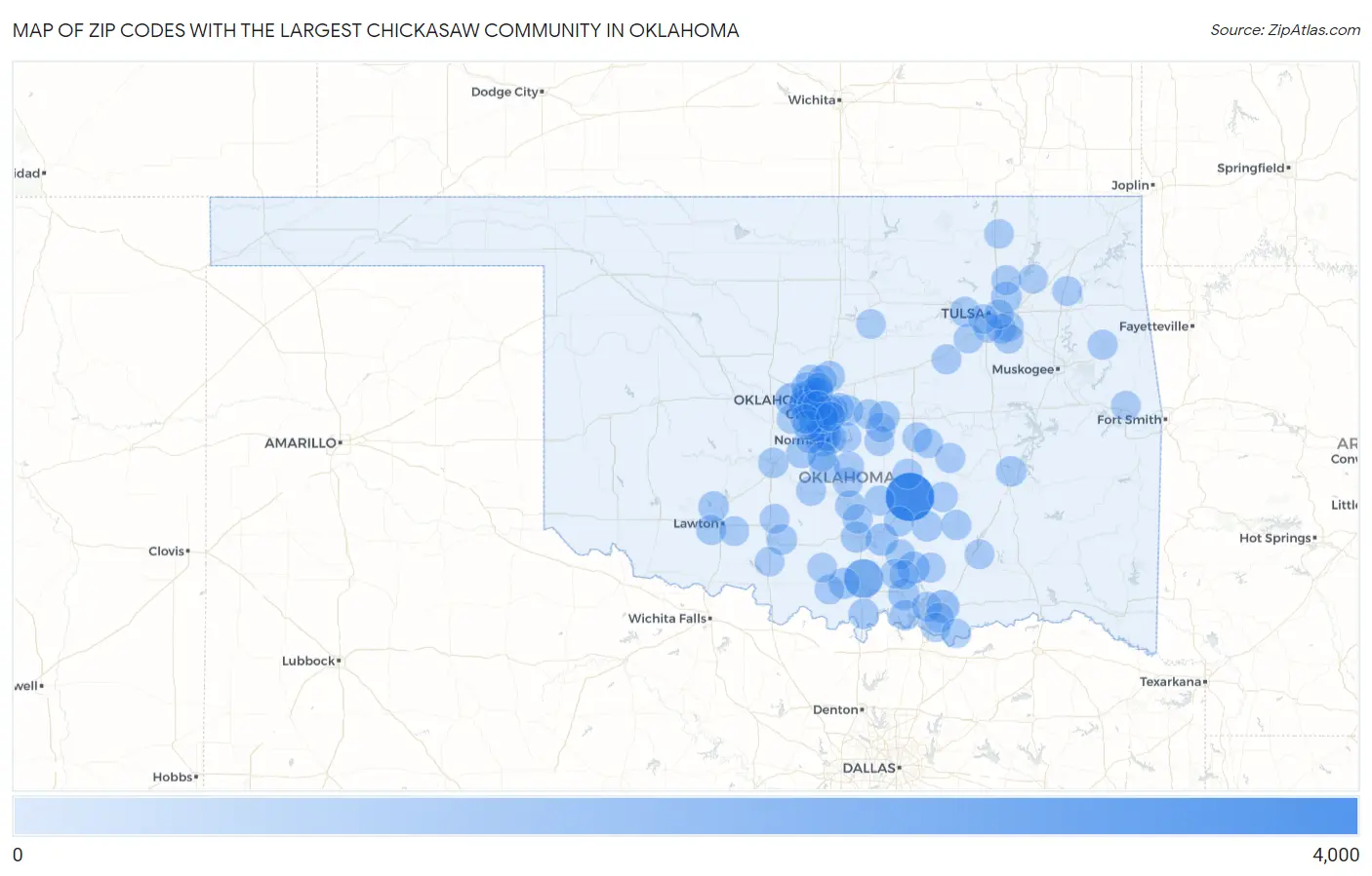 Zip Codes with the Largest Chickasaw Community in Oklahoma Map