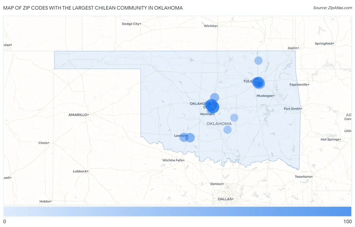 Zip Codes with the Largest Chilean Community in Oklahoma Map