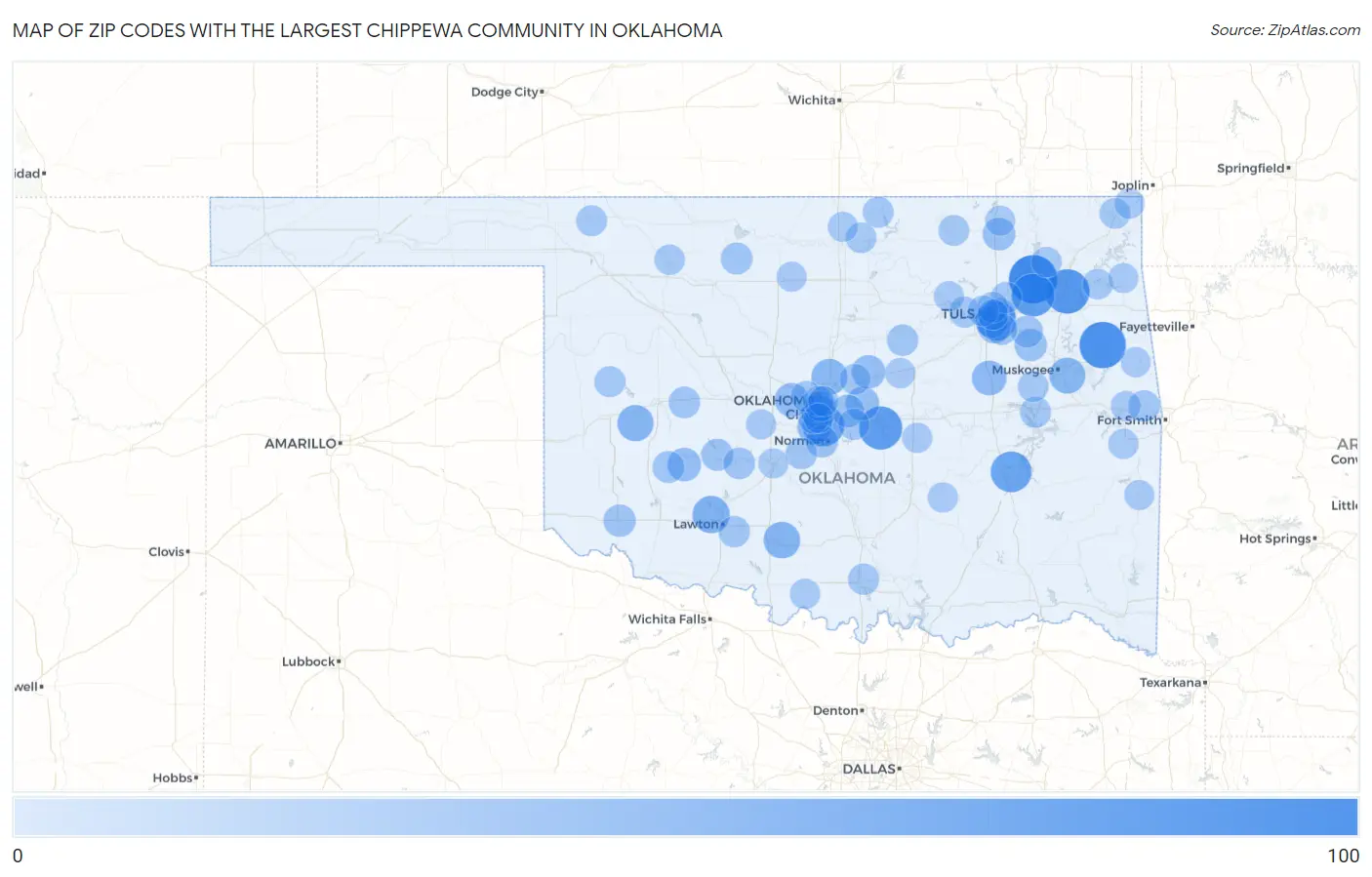 Zip Codes with the Largest Chippewa Community in Oklahoma Map