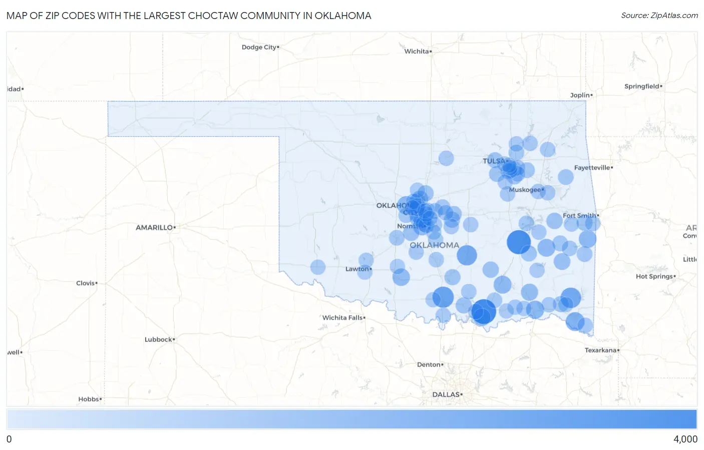 Zip Codes with the Largest Choctaw Community in Oklahoma Map