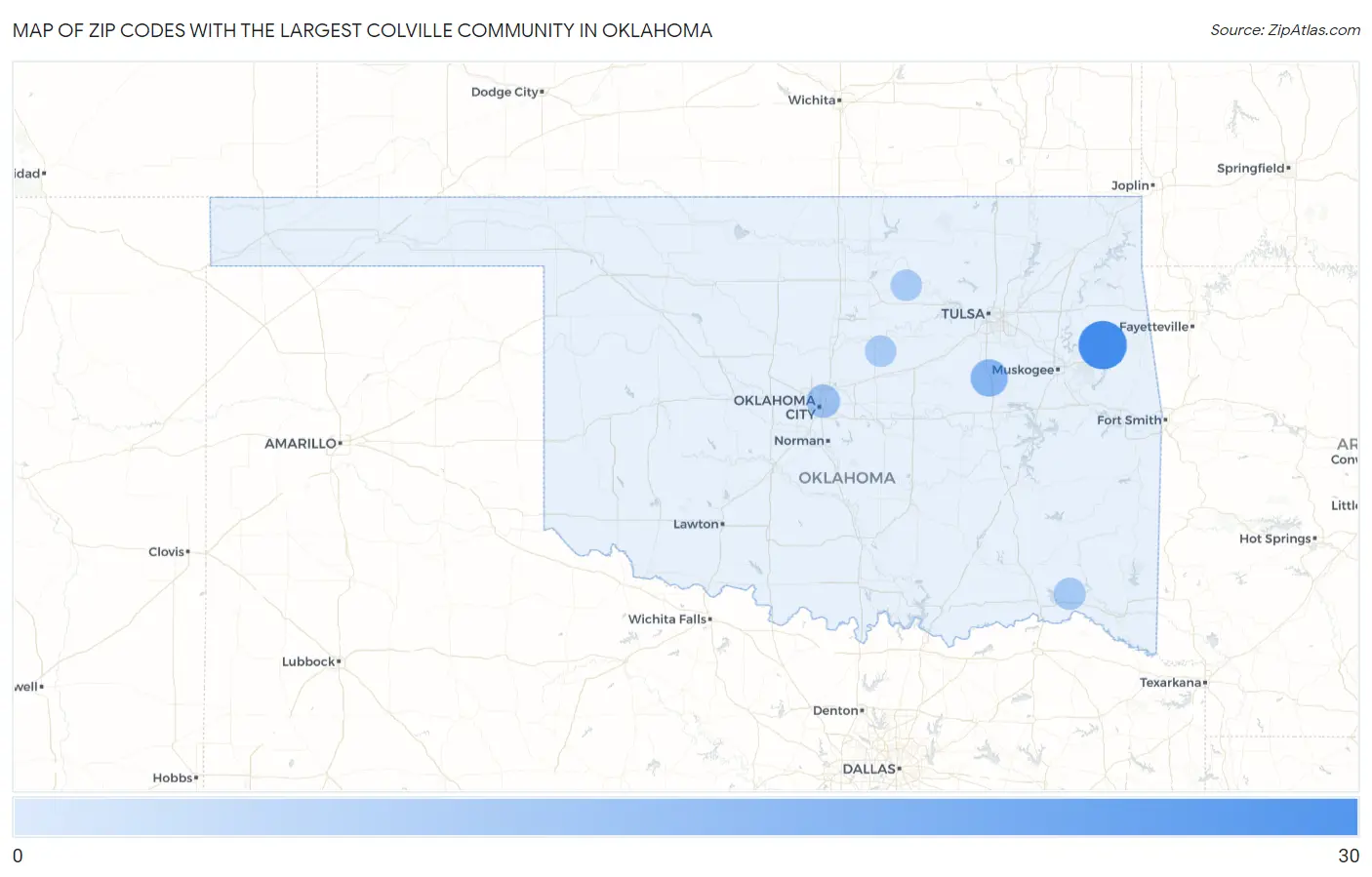 Zip Codes with the Largest Colville Community in Oklahoma Map