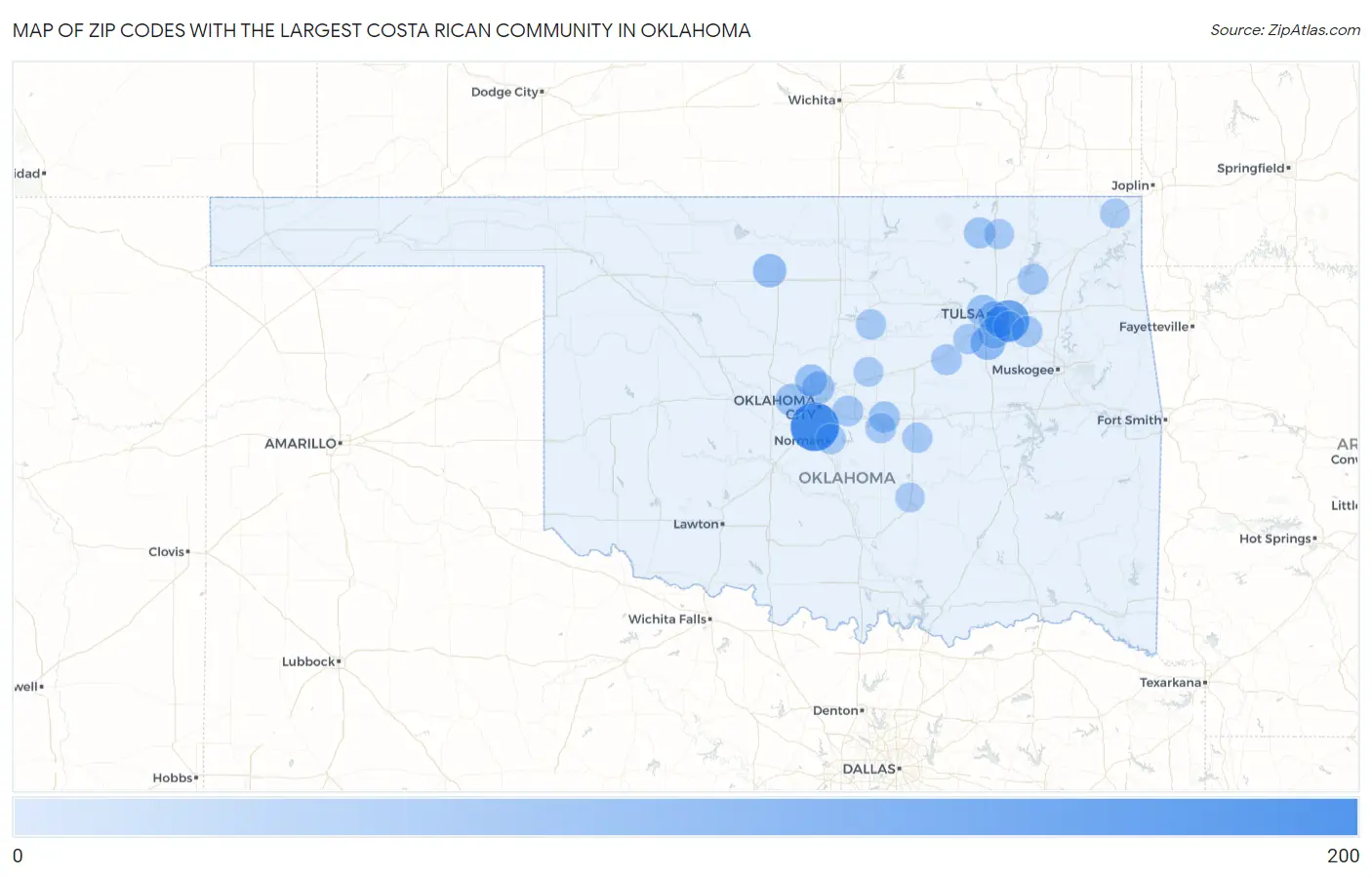 Zip Codes with the Largest Costa Rican Community in Oklahoma Map