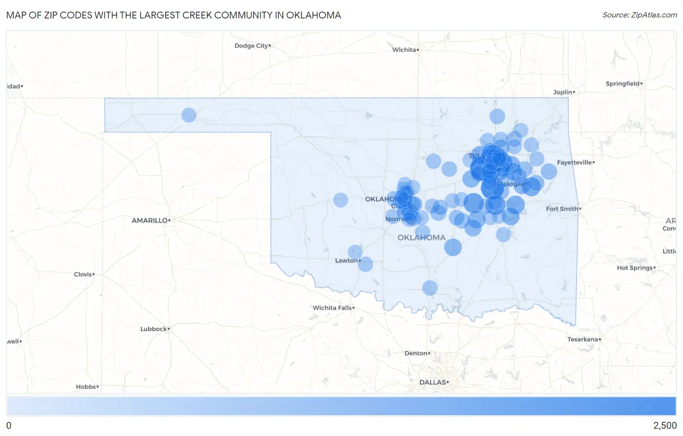 Zip Codes with the Largest Creek Community in Oklahoma Map