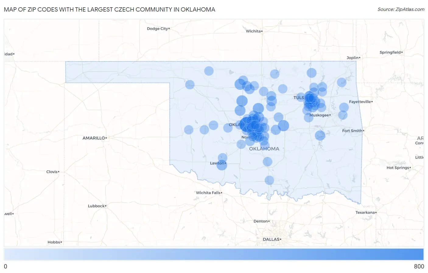 Zip Codes with the Largest Czech Community in Oklahoma Map