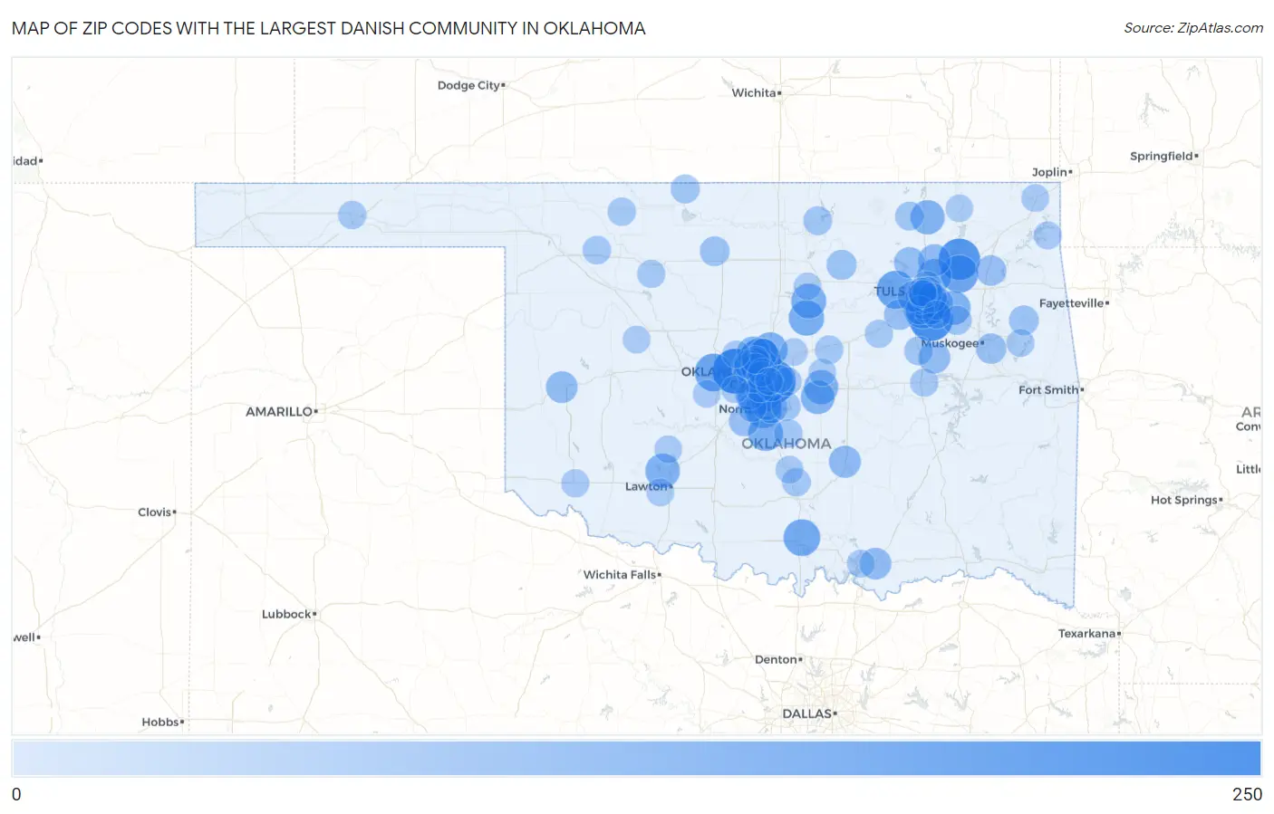 Zip Codes with the Largest Danish Community in Oklahoma Map