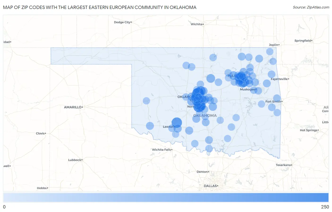 Zip Codes with the Largest Eastern European Community in Oklahoma Map