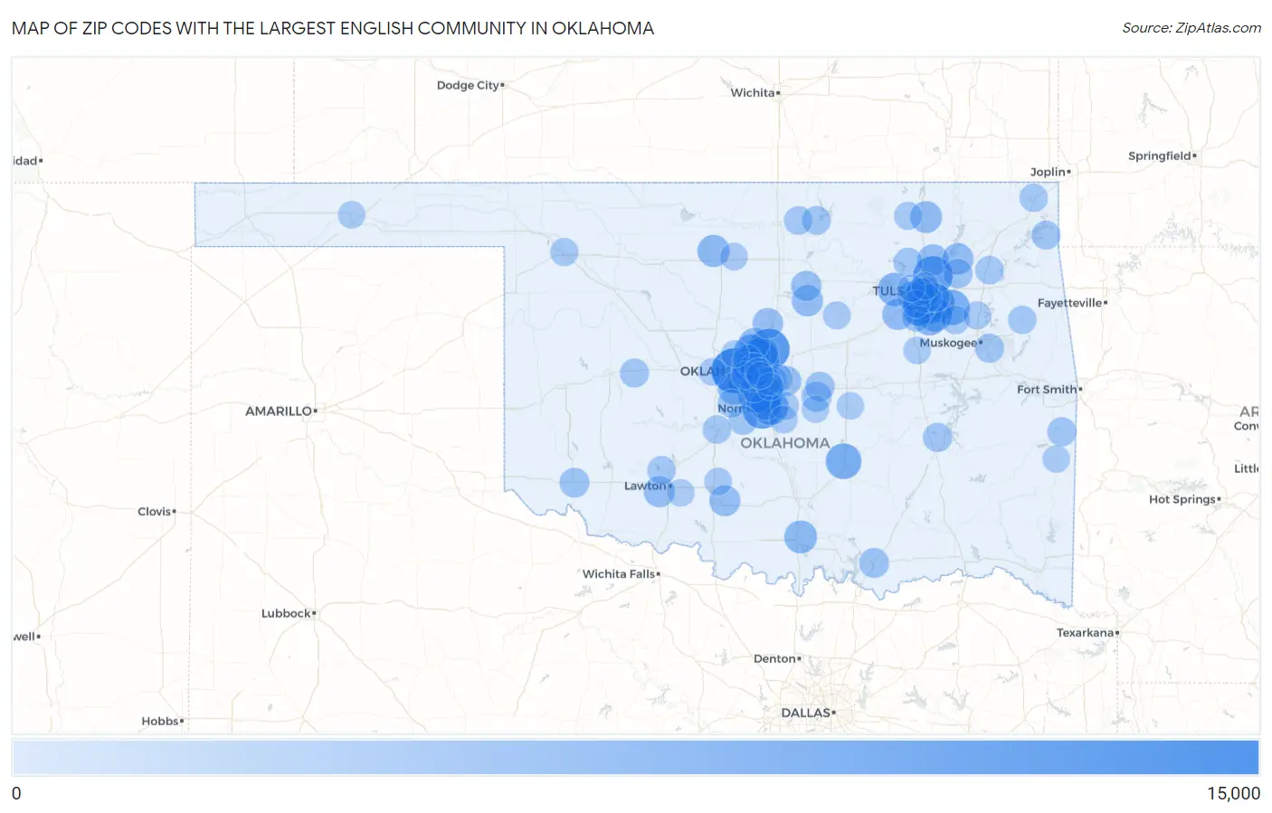 Zip Codes with the Largest English Community in Oklahoma Map