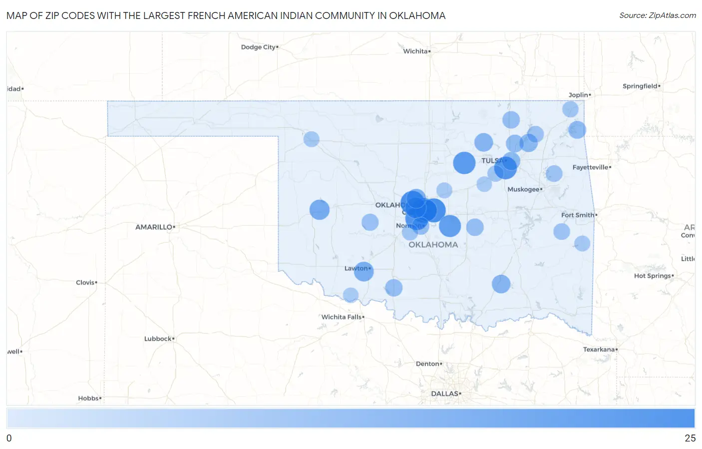Zip Codes with the Largest French American Indian Community in Oklahoma Map