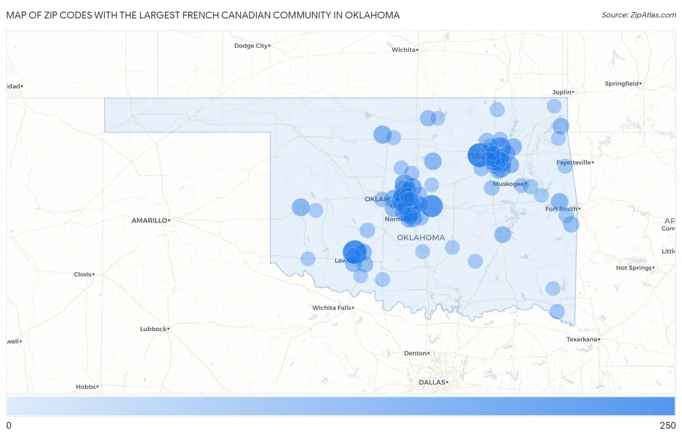 Zip Codes with the Largest French Canadian Community in Oklahoma Map
