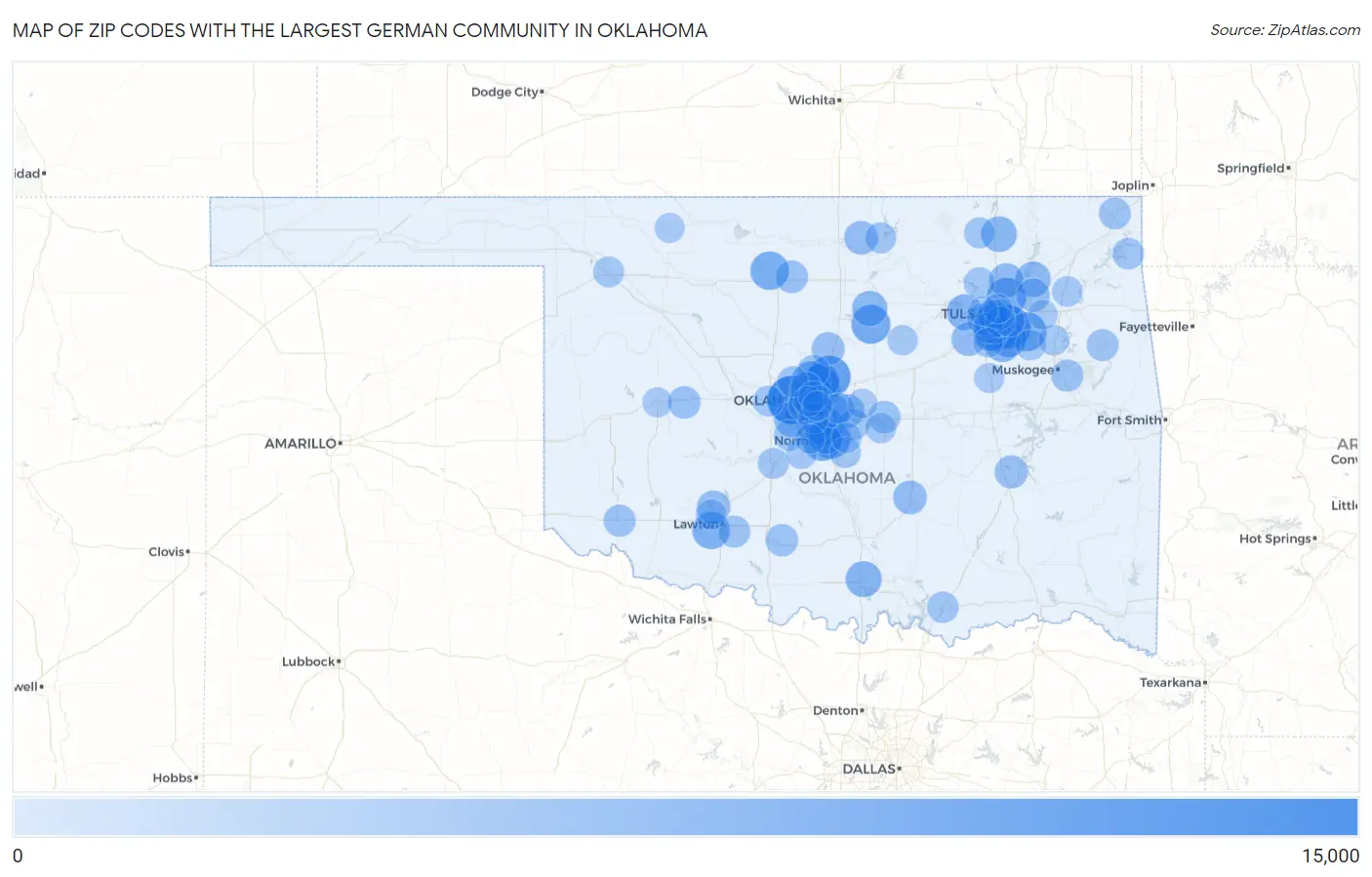 Zip Codes with the Largest German Community in Oklahoma Map