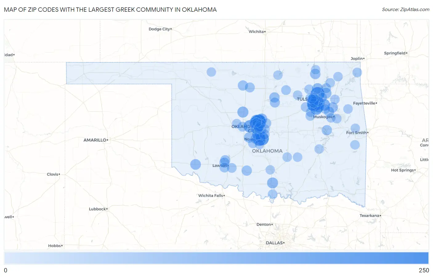 Zip Codes with the Largest Greek Community in Oklahoma Map