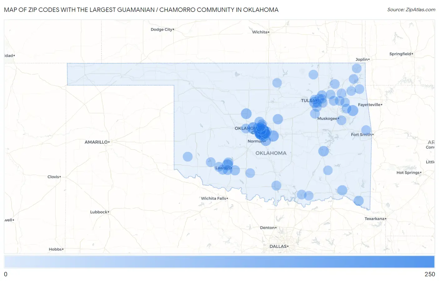 Zip Codes with the Largest Guamanian / Chamorro Community in Oklahoma Map