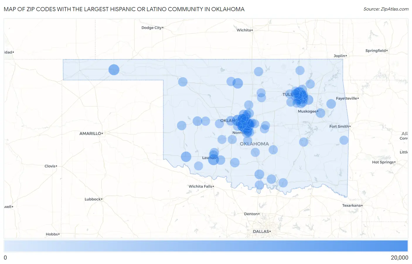 Zip Codes with the Largest Hispanic or Latino Community in Oklahoma Map