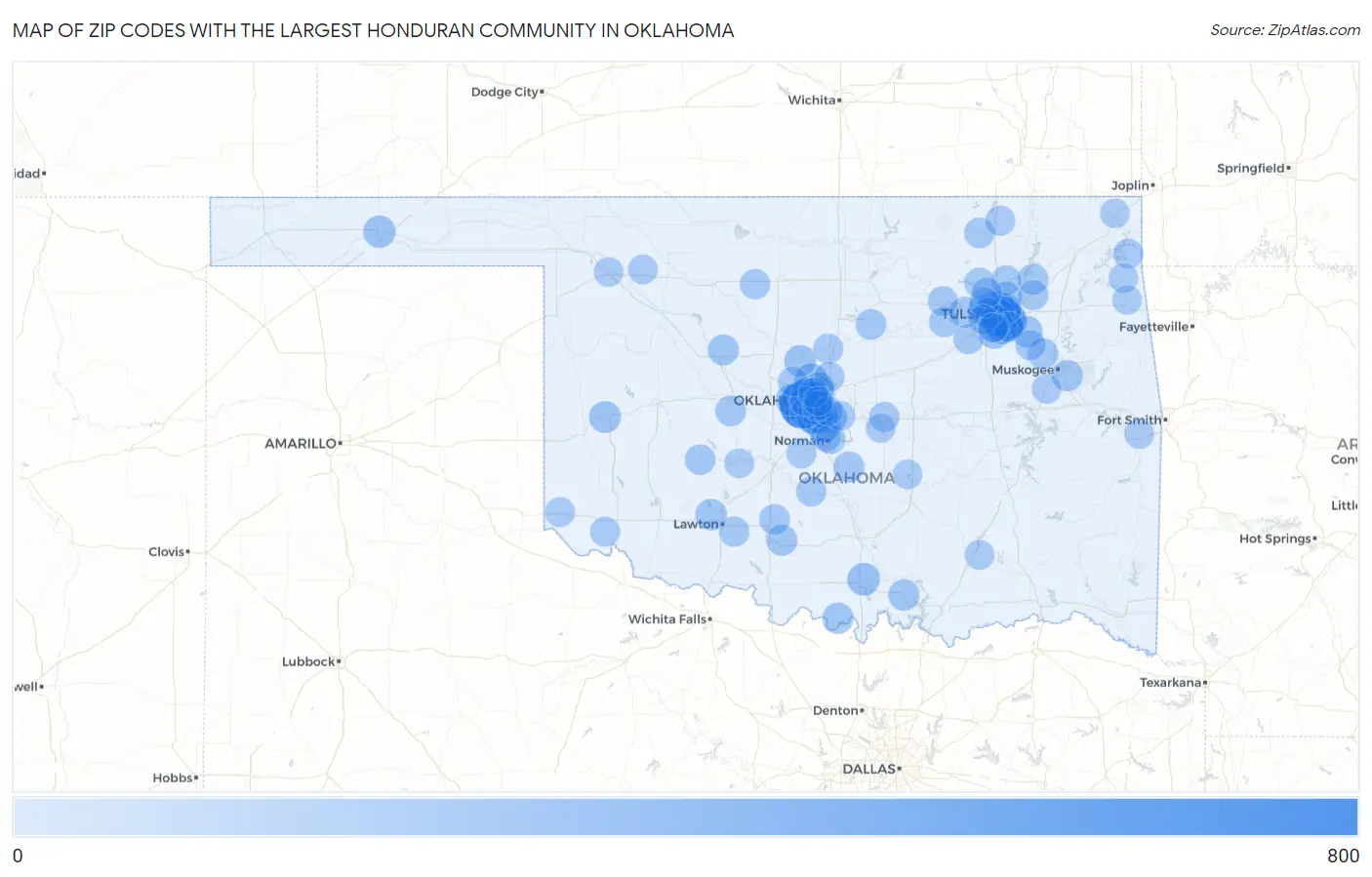 Zip Codes with the Largest Honduran Community in Oklahoma Map