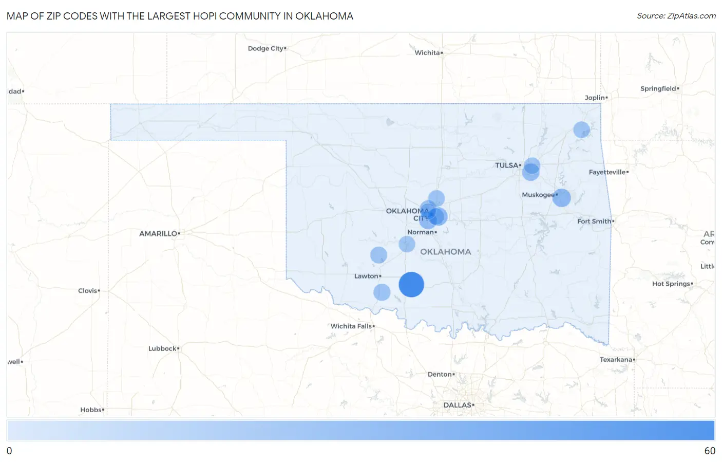 Zip Codes with the Largest Hopi Community in Oklahoma Map