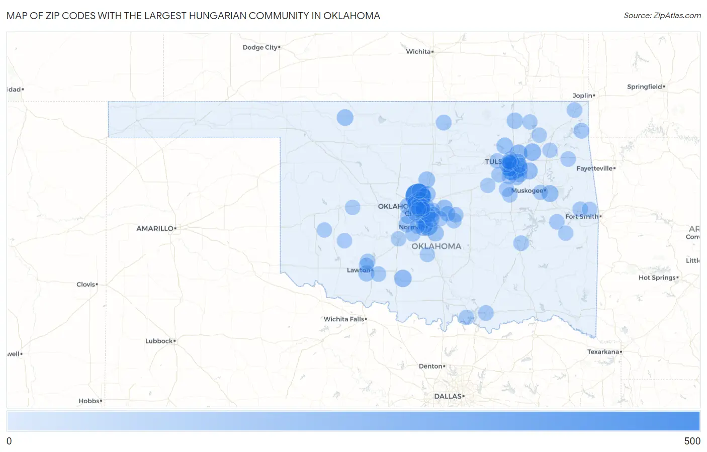 Zip Codes with the Largest Hungarian Community in Oklahoma Map