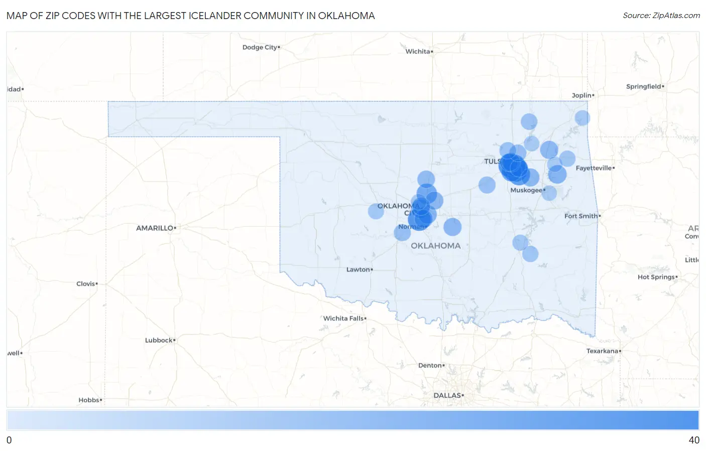 Zip Codes with the Largest Icelander Community in Oklahoma Map