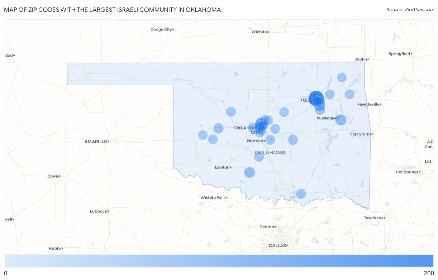 Zip Codes with the Largest Israeli Community in Oklahoma Map