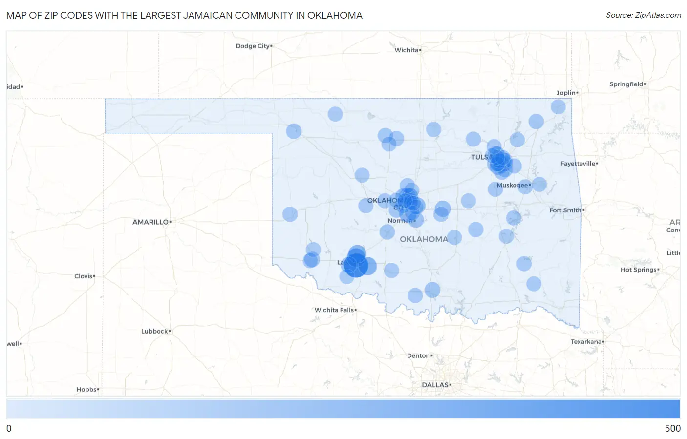 Zip Codes with the Largest Jamaican Community in Oklahoma Map