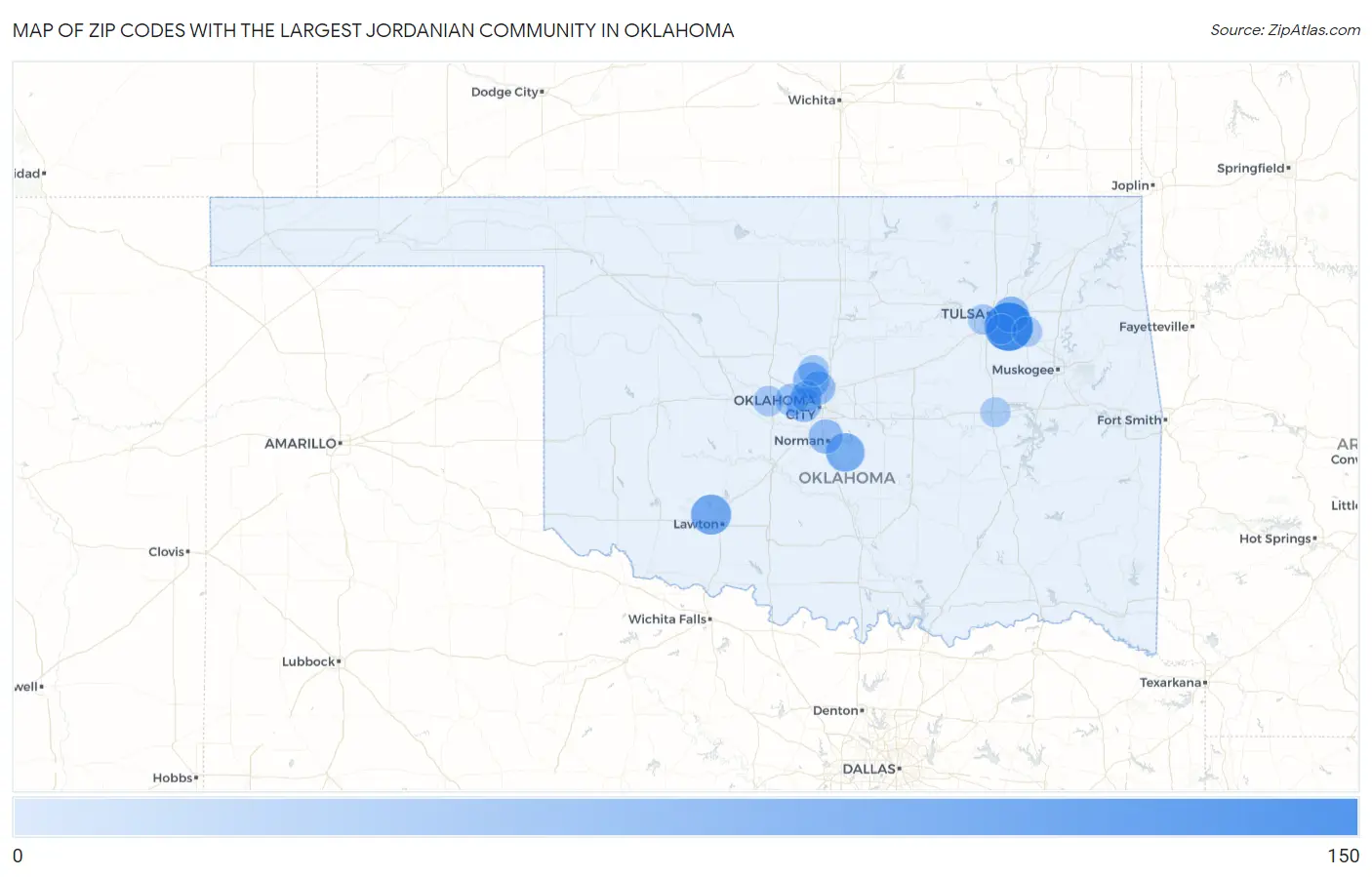 Zip Codes with the Largest Jordanian Community in Oklahoma Map