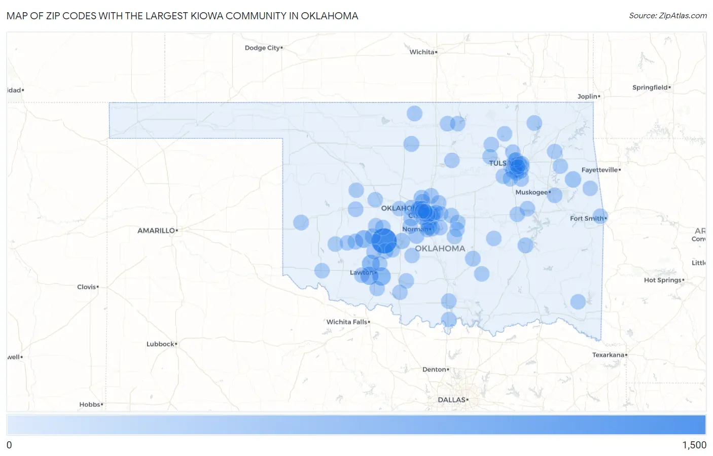 Zip Codes with the Largest Kiowa Community in Oklahoma Map