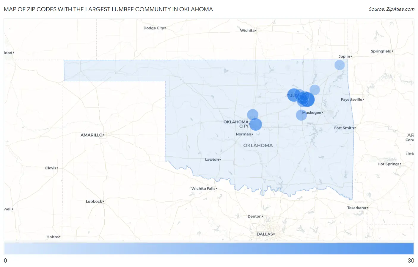 Zip Codes with the Largest Lumbee Community in Oklahoma Map