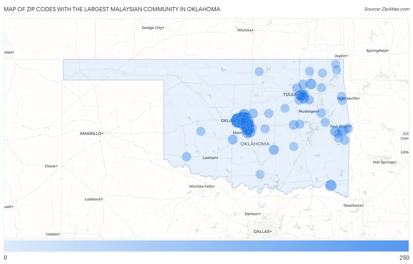 Zip Codes with the Largest Malaysian Community in Oklahoma Map