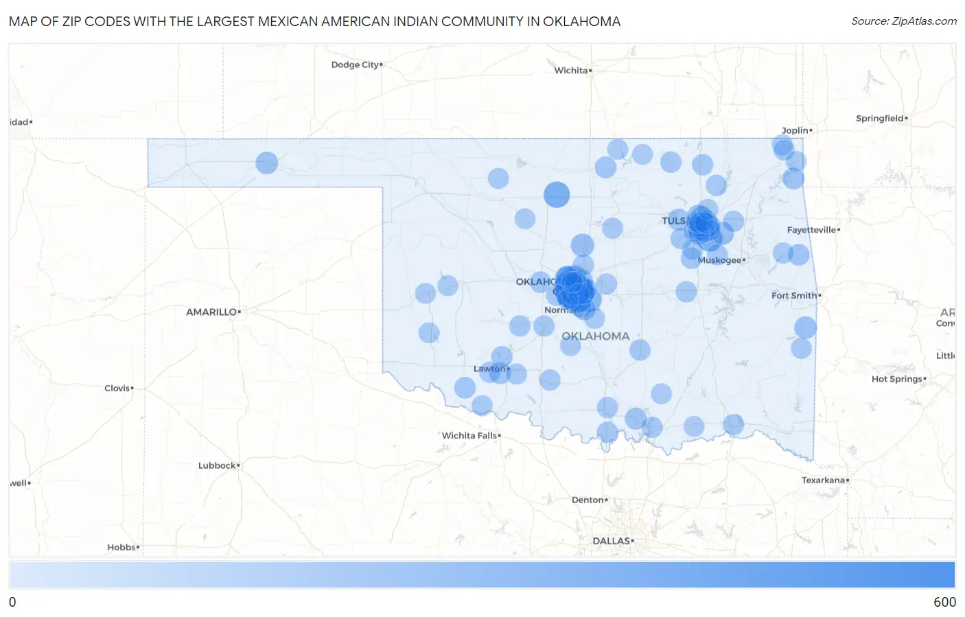 Zip Codes with the Largest Mexican American Indian Community in Oklahoma Map