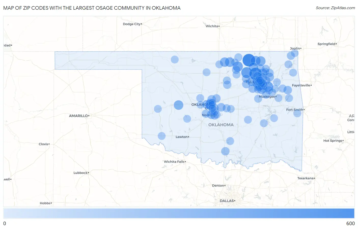 Zip Codes with the Largest Osage Community in Oklahoma Map