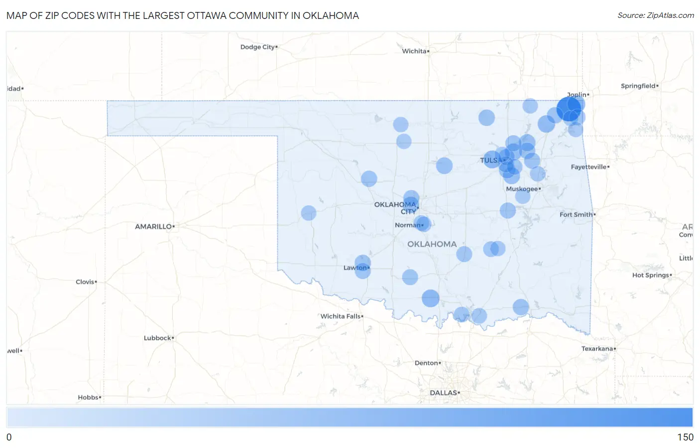 Zip Codes with the Largest Ottawa Community in Oklahoma Map