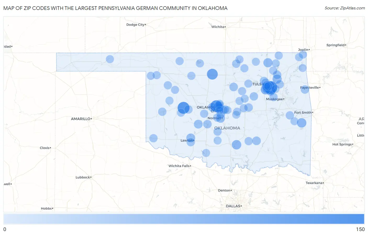 Zip Codes with the Largest Pennsylvania German Community in Oklahoma Map