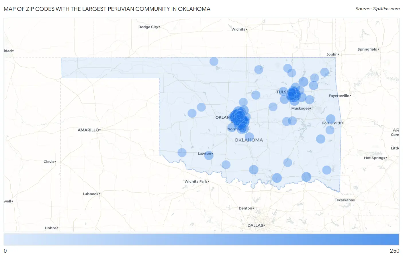 Zip Codes with the Largest Peruvian Community in Oklahoma Map