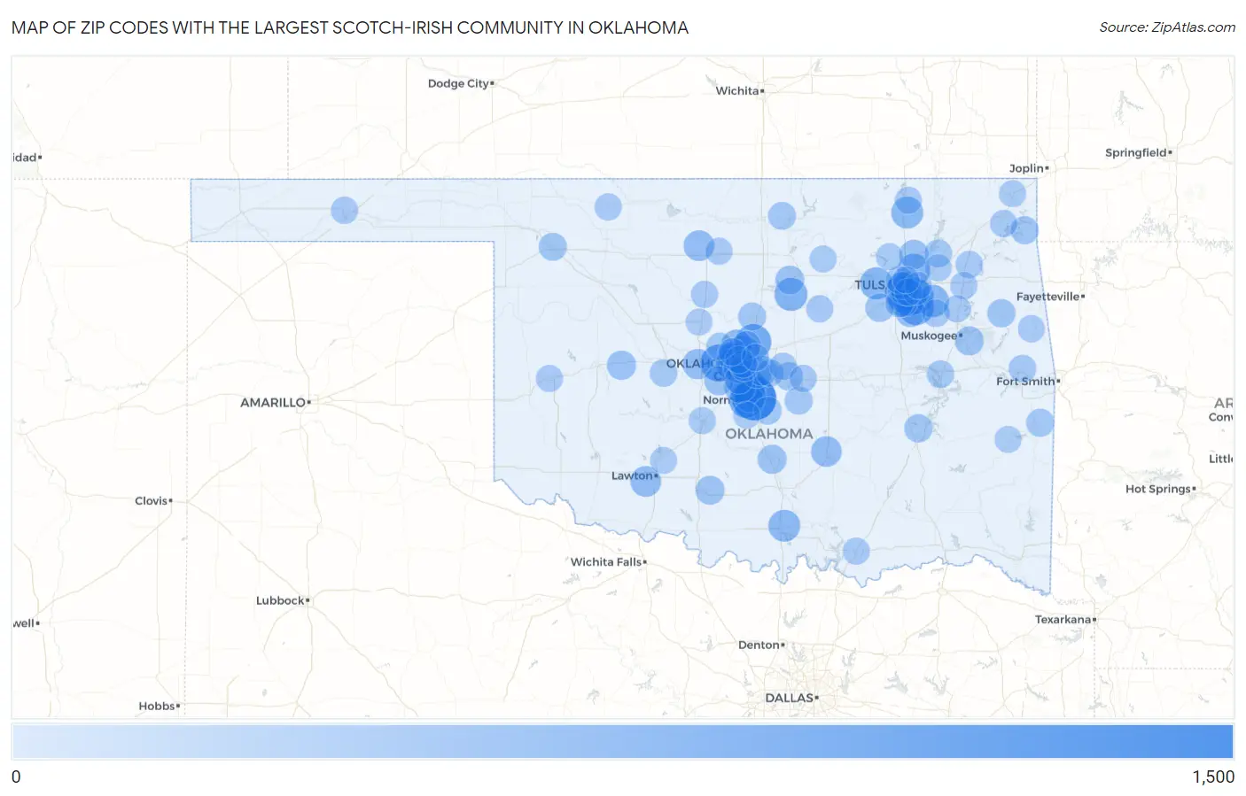 Zip Codes with the Largest Scotch-Irish Community in Oklahoma Map