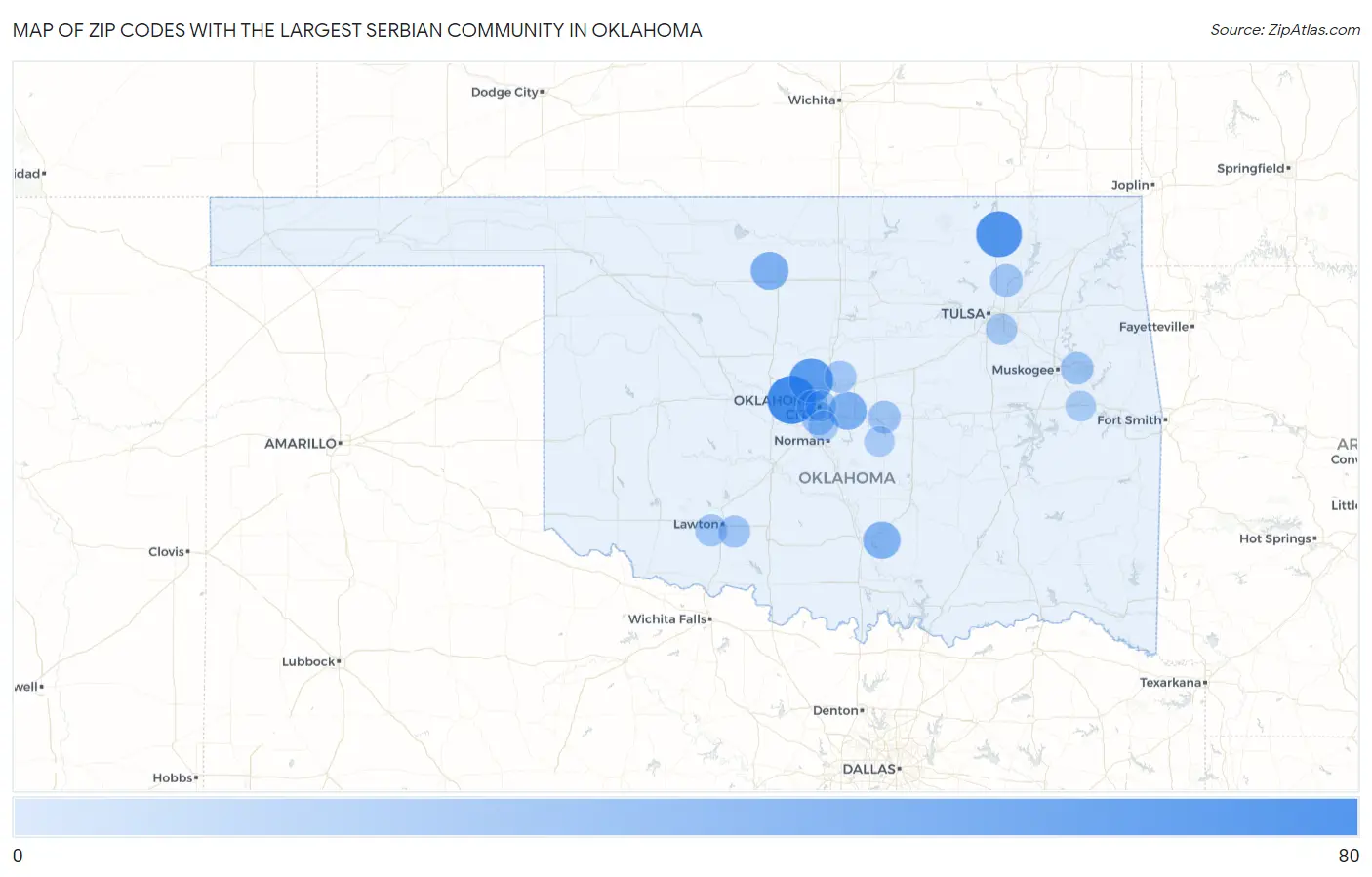 Zip Codes with the Largest Serbian Community in Oklahoma Map
