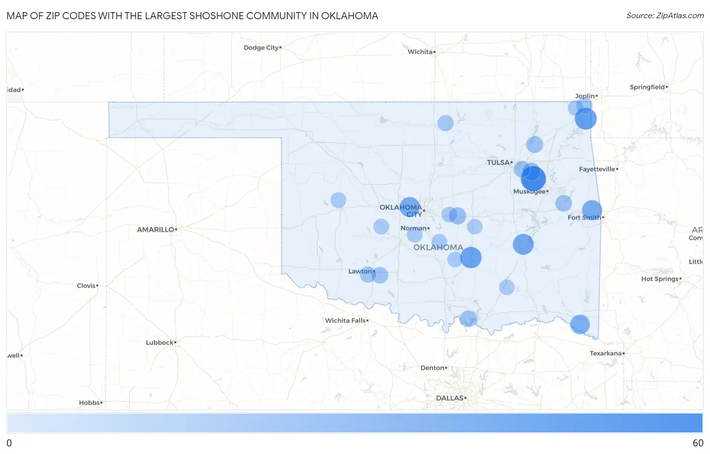 Zip Codes with the Largest Shoshone Community in Oklahoma Map