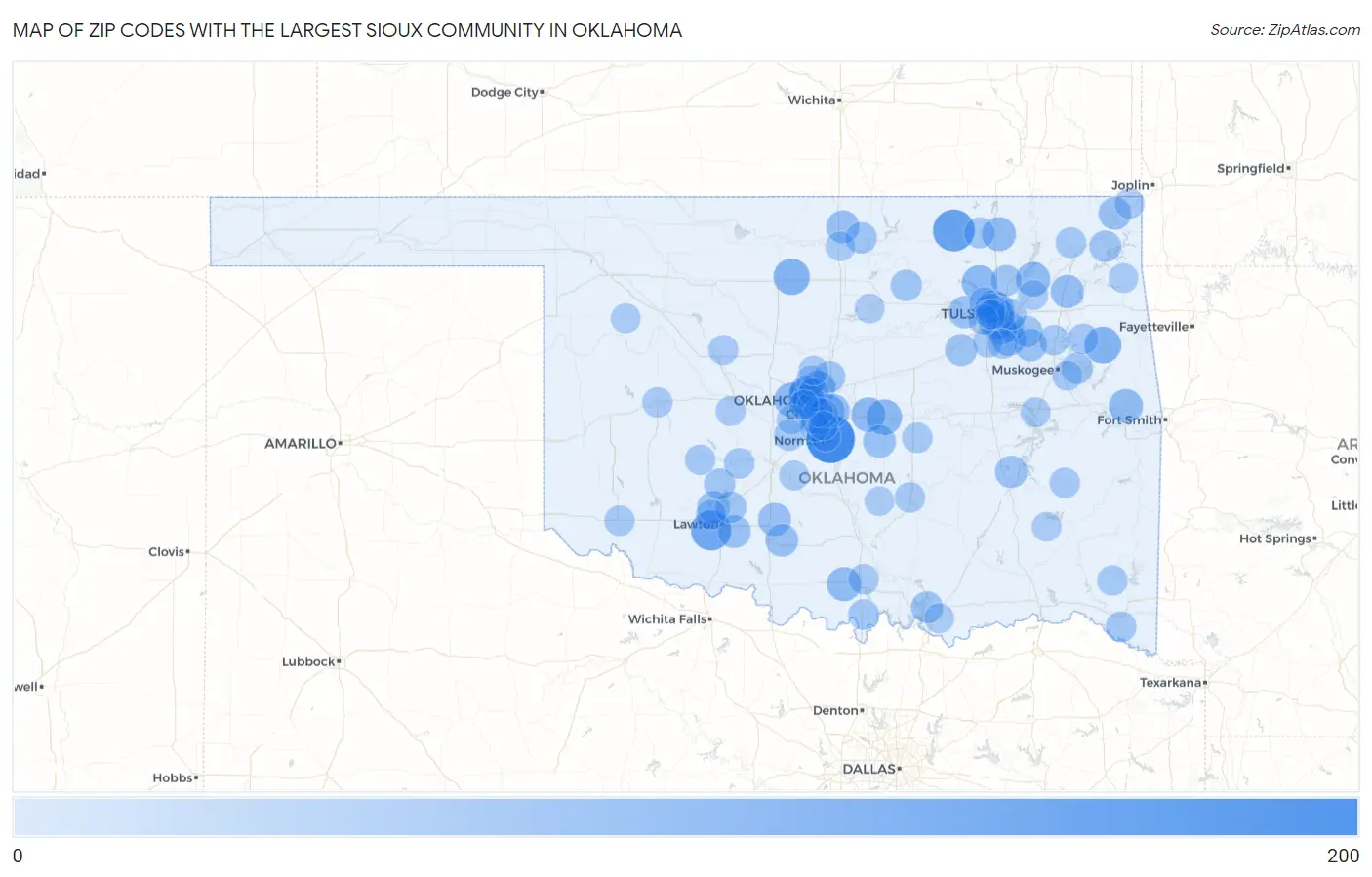 Zip Codes with the Largest Sioux Community in Oklahoma Map