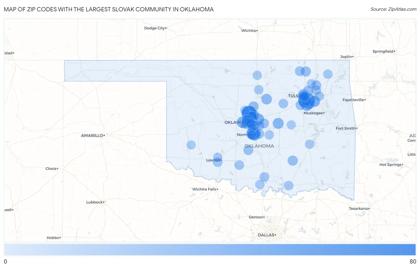 Zip Codes with the Largest Slovak Community in Oklahoma Map