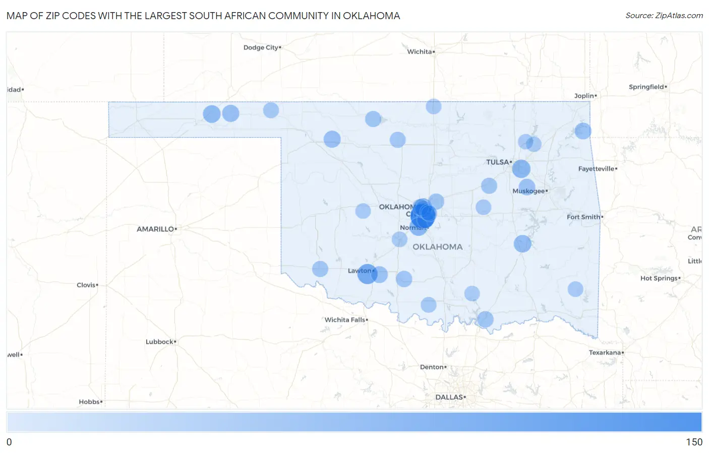 Zip Codes with the Largest South African Community in Oklahoma Map