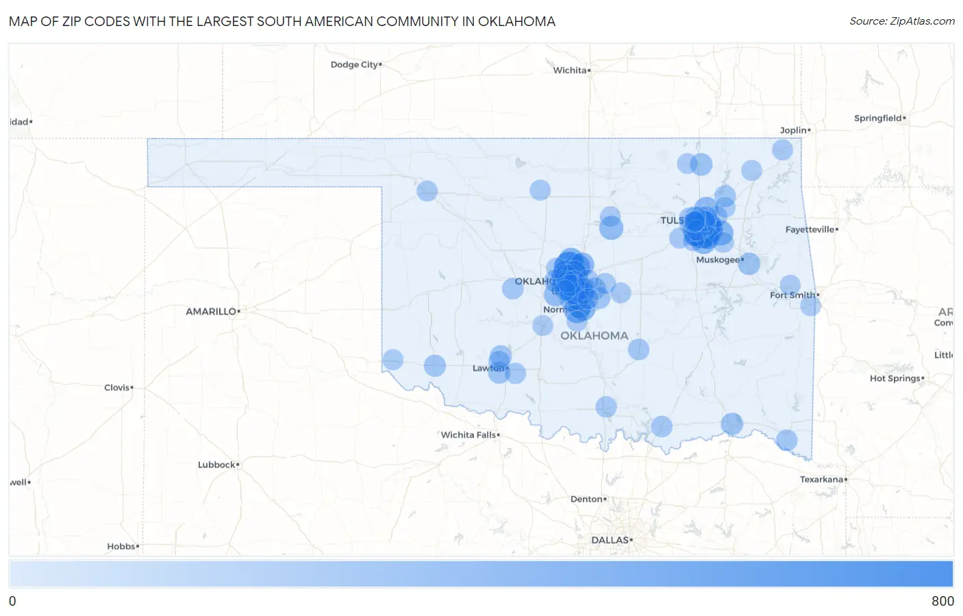 Zip Codes with the Largest South American Community in Oklahoma Map