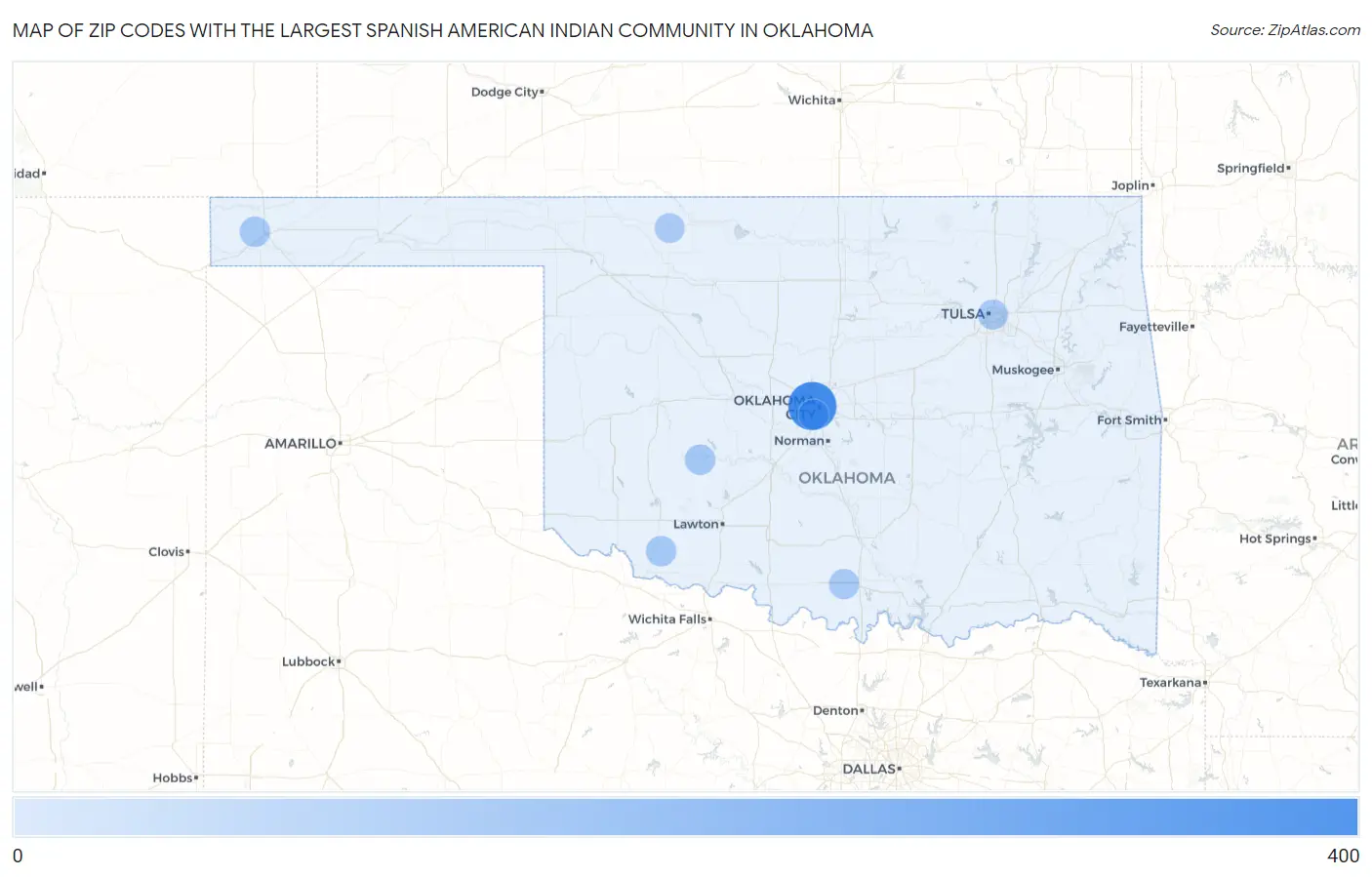 Zip Codes with the Largest Spanish American Indian Community in Oklahoma Map