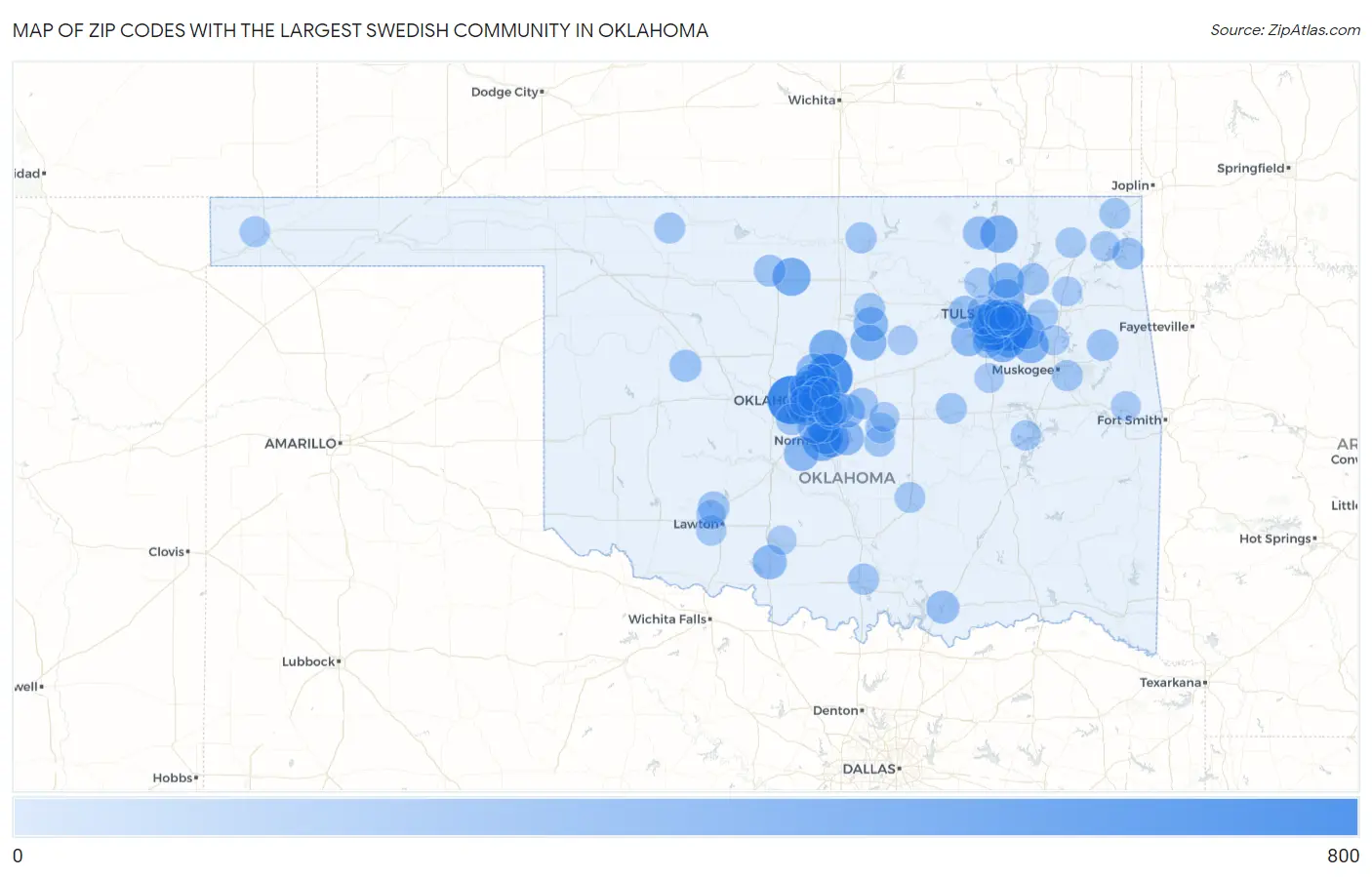 Zip Codes with the Largest Swedish Community in Oklahoma Map