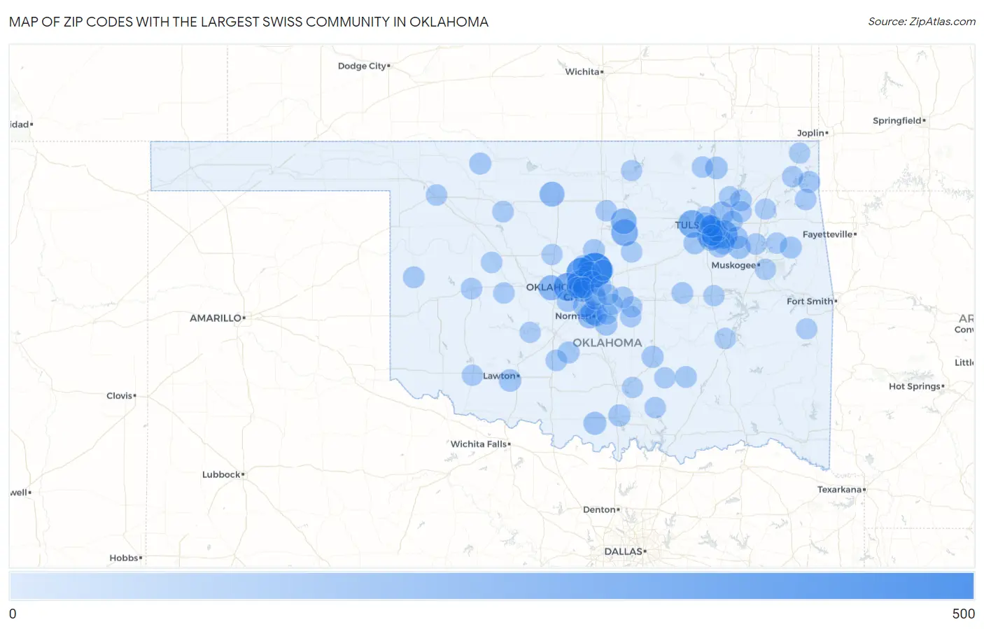Zip Codes with the Largest Swiss Community in Oklahoma Map