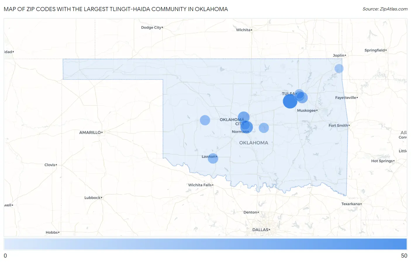 Zip Codes with the Largest Tlingit-Haida Community in Oklahoma Map