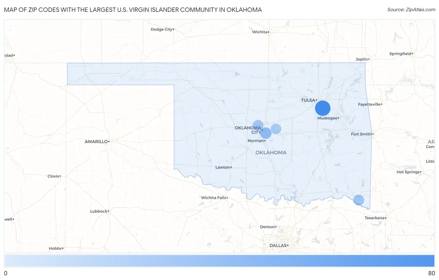 Zip Codes with the Largest U.S. Virgin Islander Community in Oklahoma Map