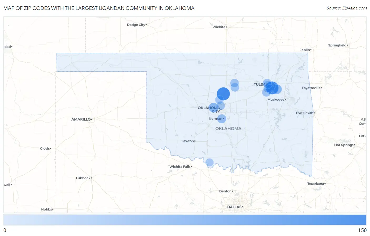 Zip Codes with the Largest Ugandan Community in Oklahoma Map
