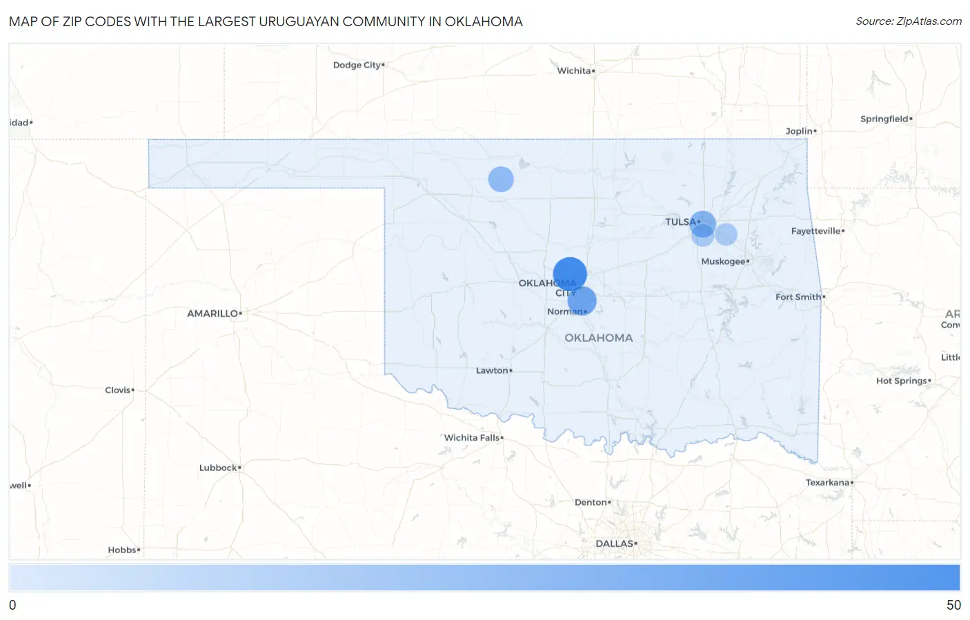 Zip Codes with the Largest Uruguayan Community in Oklahoma Map