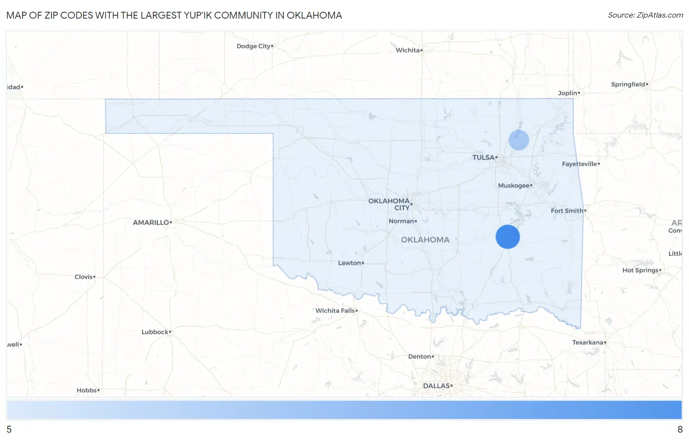 Zip Codes with the Largest Yup'ik Community in Oklahoma Map